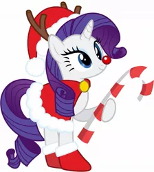 Size: 991x1104 | Tagged: antlers, artist:bluse, candy cane, christmas, clothes, derpibooru import, female, hat, holiday, rarity, red nose, reindeer, rudolph the red nosed reindeer, safe, santa costume, santa hat, show accurate, simple background, solo, white background