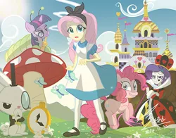 Size: 1400x1096 | Tagged: safe, artist:bluse, derpibooru import, angel bunny, fluttershy, pinkie pie, rarity, twilight sparkle, flamingo, equestria girls, alice in wonderland, canterlot, clothes, dress, foster's home for imaginary friends, mary janes, queen of hearts, ribbon, show accurate