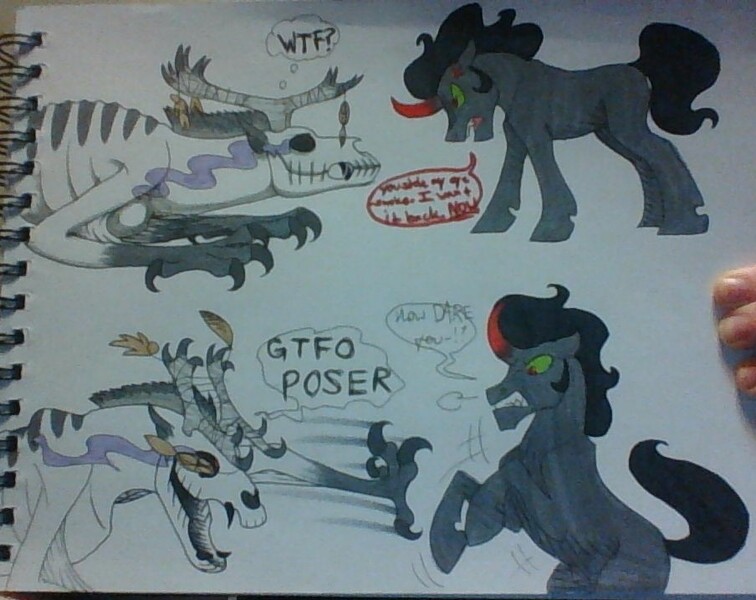 Size: 904x717 | Tagged: safe, artist:ninetailedfoxfox, derpibooru import, king sombra, oc, oc:butch, pony, unicorn, wendigo, duo, eye smoke, male, missing accessory, non-mlp oc, skull head, stallion, traditional art