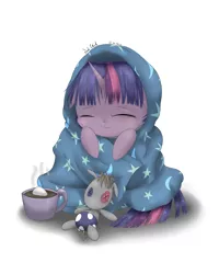 Size: 2400x3000 | Tagged: artist:beefcrow, blanket, blanket burrito, chocolate, cute, derpibooru import, food, hot chocolate, marshmallow, safe, smarty pants, solo, twilight sparkle