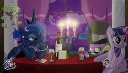 Size: 1200x691 | Tagged: safe, artist:bluse, derpibooru import, princess luna, rarity, spike, twilight sparkle, alicorn, dragon, pony, unicorn, alcohol, alternate hairstyle, bedroom eyes, bracelet, candle, clothes, cloud, date, dress, female, hat, jewelry, male, mare, moon, photo, shipping, show accurate, smiling, sparity, spiluna, straight, sweat, sweatdrop, table, unicorn twilight, voice actor joke, window, wine, wine bottle, wine glass