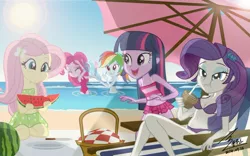 Size: 1200x751 | Tagged: safe, artist:bluse, derpibooru import, fluttershy, pinkie pie, rainbow dash, rarity, twilight sparkle, twilight sparkle (alicorn), equestria girls, beach, belly button, bikini, clothes, eating, female, hilarious in hindsight, one-piece swimsuit, sexy, swimsuit, watermelon