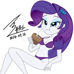 Size: 900x905 | Tagged: suggestive, artist:bluse, derpibooru import, rarity, equestria girls, background removed, belly button, bendy straw, bikini, breasts, clothes, coconut cup, cup, drink, drinking straw, sexy, show accurate, signature, simple background, solo, straw, swimsuit, vector, white background
