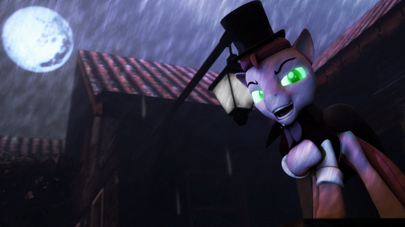 Size: 3836x2159 | Tagged: 3d, artist:mollythemoopy, artist:shadowbolt97, bubble berry, cape, clothes, derpibooru import, dr jekyll and mr hyde, evil grin, glowing eyes, hat, pinkie pie, rain, rule 63, safe, source filmmaker, top hat, victorian