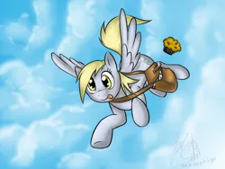 Size: 1024x768 | Tagged: safe, artist:cat-cly, derpibooru import, derpy hooves, pegasus, pony, bag, female, flying, mailbag, mare, muffin, solo