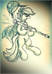 Size: 2448x3496 | Tagged: 2014, artist:urbanhawk, black and white, cape, clothes, crossover, derpibooru import, grayscale, hero, newbie artist training grounds, pencil drawing, rocket, rocket jump, rocket jumper, rocket launcher, safe, scootaloo, soldier, soldier pony, solo, superhero, superscoot, team fortress 2, traditional art