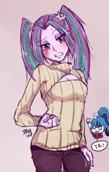 Size: 700x1100 | Tagged: suggestive, artist:samonferrari, derpibooru import, aria blaze, sonata dusk, equestria girls, rainbow rocks, blushing, boob window, breasts, clothes, head lump, open-chest sweater, solo, solo female, sweater, tsundaria, tsundere