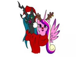 Size: 800x600 | Tagged: artist:celestialsapphire, clothes, derpibooru import, hat, princess cadance, queen chrysalis, red nose, reindeer antlers, safe, santa hat, scarf, shared clothing, shared scarf, simple background, white background