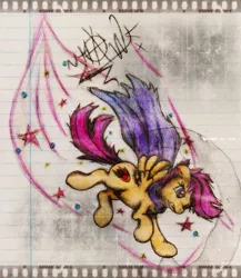 Size: 1893x2176 | Tagged: artist:urbanhawk, cape, clothes, derpibooru import, falling, gritted teeth, hero, lined paper, safe, scootaloo, solo, superhero, superscoot, traditional art