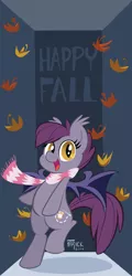 Size: 360x750 | Tagged: safe, artist:1trick, artist:lunarshinestore, derpibooru import, oc, oc:night stitch, unofficial characters only, bat pony, pony, ask night stitch, autumn leaves, bipedal, clothes, leaves, scarf, smiling, solo