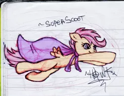 Size: 1853x1449 | Tagged: artist:urbanhawk, cape, clothes, derpibooru import, flying, hero, lined paper, safe, scootaloo, serious face, sketch, solo, superhero, superscoot, traditional art