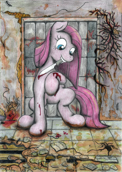 Size: 3707x5237 | Tagged: absurd resolution, artist:urbanhawk, blood, creepypasta, cut, debris, gore, grimdark, grin, insanity, knife, konami, madness, pinkamena diane pie, pinkie pie, plant, plants, scar, self harm, silent hill, solo, stained glass, traditional art