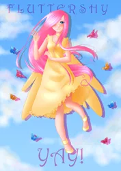 Size: 900x1273 | Tagged: artist:nephiam, clothes, derpibooru import, dress, fluttershy, human, humanized, safe, solo, winged humanization, yay