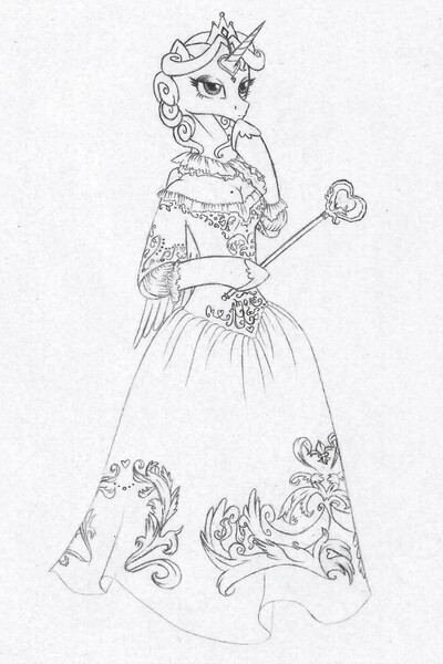 Size: 640x960 | Tagged: anthro, artist:veilleurdechagrin, clothes, derpibooru import, dress, monochrome, princess cadance, safe, solo, traditional art