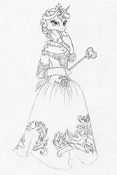 Size: 640x960 | Tagged: anthro, artist:veilleurdechagrin, clothes, derpibooru import, dress, monochrome, princess cadance, safe, solo, traditional art