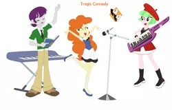 Size: 1118x717 | Tagged: safe, artist:berrypunchrules, derpibooru import, drama letter, golden hazel, indigo wreath, watermelody, equestria girls, rainbow rocks, background human, band, keytar, microphone, musical instrument, simple background, tragic comedy, white background