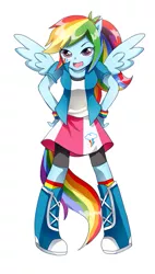 Size: 369x650 | Tagged: safe, artist:hotaruishi, derpibooru import, rainbow dash, equestria girls, alternative cutie mark placement, boots, clothes, facial cutie mark, leaning, looking at you, pixiv, ponied up, ponytail, rainbow socks, shirt, shoes, simple background, skirt, socks, solo, striped socks, white background, wings