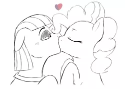 Size: 1186x841 | Tagged: artist:aaron amethyst, black and white, derpibooru import, female, grayscale, heart, incest, kissing, lesbian, maud pie, monochrome, neo noir, partial color, piecest, pinkiemaud, pinkie pie, safe, shipping, trace