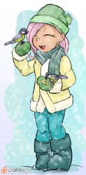Size: 1000x2035 | Tagged: artist:smudge proof, bird, boots, clothes, cute, eyes closed, fluttershy, great tit, happy, human, humanized, open mouth, patreon, patreon logo, safe, scarf, sketch, smiling, snow, snowfall, tit (bird), younger