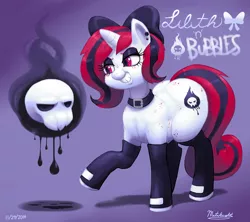 Size: 1466x1300 | Tagged: safe, artist:mataknight, derpibooru import, oc, oc:lilith, unofficial characters only, pony, unicorn, boots, bow, chubby, clothes, collar, earring, eyeshadow, fat, freckles, gloves, inkflame, levitation, makeup, plot, plump, ribbon, simple background, skull, smiling