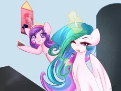 Size: 1280x960 | Tagged: artist:sugarberry, ask, ask-cadance, cake, cakelestia, camera, derpibooru import, fork, levitation, magic, princess cadance, princess celestia, safe, tumblr