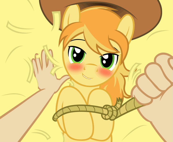 Size: 1999x1636 | Tagged: questionable, artist:badumsquish, derpibooru import, braeburn, oc, oc:anon, human, pony, adorasexy, animated, bedroom eyes, blushing, bondage, braebetes, breathing, cute, gay, hand, hay, human on pony action, imminent sex, lasso, lip bite, looking at you, male, male pov, offscreen character, on back, pov, rope, sexy, show accurate, show accurate porn, smiling, stupid sexy braeburn