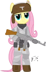 Size: 717x1114 | Tagged: artist:facelesssoles, assault rifle, bandage, boots, camouflage, carving, clothes, coat, derpibooru import, fluttershy, frown, gloves, gun, military uniform, pants, parka, rifle, safe, scarf, shoes, simple background, stg 44, suspenders, transparent background, uniform, weapon