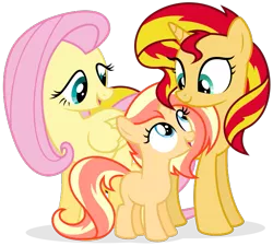 Size: 681x614 | Tagged: safe, artist:ezidze, derpibooru import, fluttershy, sunset shimmer, oc, oc:sunglow, pony, female, lesbian, magical lesbian spawn, offspring, parent:fluttershy, parent:sunset shimmer, parents:sunshyne, shipping, simple background, sunshyne, transparent background