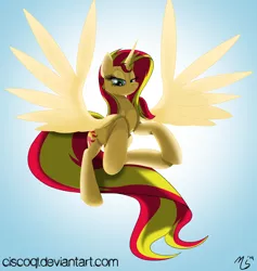 Size: 1280x1349 | Tagged: safe, artist:ciscoql, derpibooru import, sunset shimmer, alicorn, pony, alicornified, race swap, shimmercorn, simple background, sky, solo