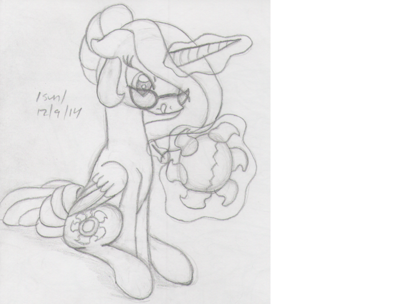 Size: 1258x960 | Tagged: safe, artist:slash-sun-slash, derpibooru import, princess celestia, alternate hairstyle, celestiadoodle, glasses, levitation, magic, monochrome, sewing, solo, tongue out, traditional art