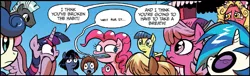 Size: 1201x366 | Tagged: safe, artist:brendahickey, derpibooru import, idw, bon bon, fawn doo, madcap mediation, pinkie pie, sweetie drops, thunderlane, twilight sparkle, twilight sparkle (alicorn), vinyl scratch, alicorn, pony, spoiler:comic, spoiler:comicff12, cameo, faic, female, kill la kill, mako mankanshoku, male, mare, maroon render, ryuko matoi, stallion