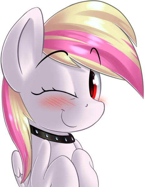 Size: 1176x1519 | Tagged: safe, artist:january3rd, derpibooru import, oc, oc:rainy skies, unofficial characters only, pegasus, pony, blushing, collar, cute, raised hoof, simple background, solo, transparent background, wink