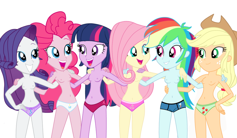 Size: 1002x585 | Tagged: artist needed, questionable, derpibooru import, applejack, fluttershy, pinkie pie, rainbow dash, rarity, twilight sparkle, equestria girls, apple print underwear, belly button, blue underwear, boyshorts, breasts, clothes, cutie mark underwear, female, friends, green underwear, mane six, nipples, nudity, panties, pink underwear, purple underwear, ribbon, show accurate, show accurate porn, topless, underwear, white underwear