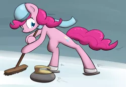 Size: 1537x1066 | Tagged: artist:whatsapokemon, clothes, curling, ice skates, pinkie pie, safe, scarf, solo, winter