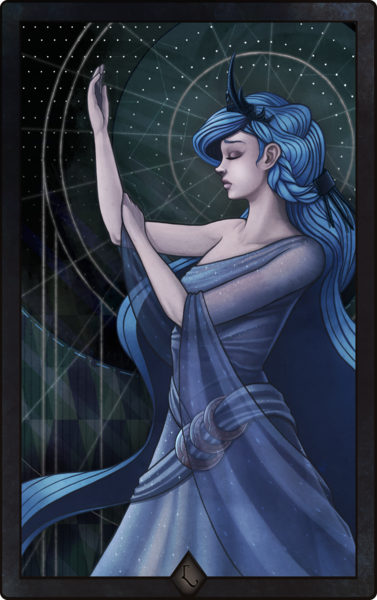 Size: 1888x3002 | Tagged: artist:i-am-knot, derpibooru import, dragon age, dragon age: inquisition, female, human, humanized, princess luna, safe, solo, tarot card, woman