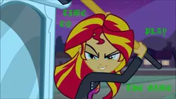 Size: 930x523 | Tagged: safe, derpibooru import, sunset shimmer, equestria girls, insanity, sledgehammer, triple h, wwe