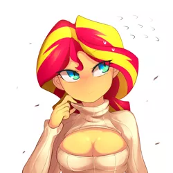 Size: 1200x1200 | Tagged: suggestive, artist:maren, derpibooru import, sunset shimmer, equestria girls, blushing, boob window, breasts, bust, busty sunset shimmer, cleavage, clothes, eye clipping through hair, female, keyhole turtleneck, open-chest sweater, sexy, shy, simple background, solo, sweat, sweatdrop, sweater, turtleneck, white background