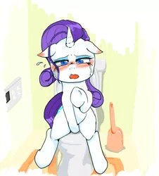 Size: 744x824 | Tagged: safe, artist:monon0, derpibooru import, rarity, pony, unicorn, blushing, but why, covering crotch, crying, female, looking at you, mare, pixiv, running makeup, solo, toilet