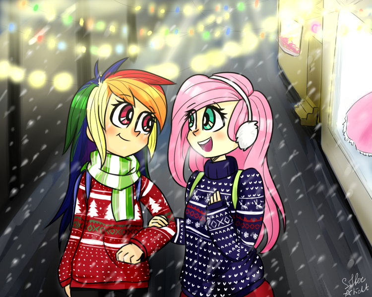 Size: 1000x800 | Tagged: safe, artist:silbersternenlicht, derpibooru import, fluttershy, rainbow dash, equestria girls, clothes, female, flutterdash, lesbian, scarf, shipping, snow, snowfall, sweater, sweatershy, winter