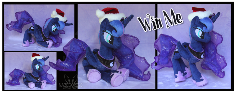 Size: 4451x1753 | Tagged: artist:nazegoreng, derpibooru import, hat, irl, photo, plushie, princess luna, safe, santa hat, solo, watermark