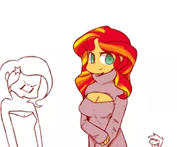 Size: 1024x853 | Tagged: suggestive, artist:gmrqor, derpibooru import, sunset shimmer, trixie, equestria girls, blushing, boob window, breast envy, breasts, busty sunset shimmer, cleavage, clothes, female, keyhole turtleneck, open-chest sweater, sweater, turtleneck