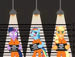 Size: 2160x1669 | Tagged: applejack, artist:spellboundcanvas, clothes, derpibooru import, mugshot, prison, prisoner aj, prisoner rd, prisoner ts, prison outfit, rainbow dash, safe, twilight sparkle