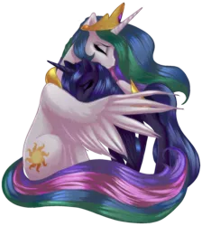 Size: 1000x1115 | Tagged: safe, artist:rizcifra, derpibooru import, princess celestia, princess luna, alicorn, pony, eyes closed, feels, female, hug, mare, s1 luna, sad, simple background, transparent background, winghug