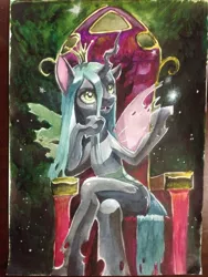 Size: 1024x1365 | Tagged: artist:lolperson99, changeling, changeling queen, derpibooru import, female, queen chrysalis, safe, sitting, solo, throne, traditional art