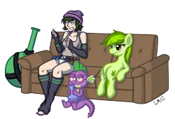 Size: 1458x992 | Tagged: safe, artist:serenamidori, derpibooru import, spike, oc, oc:stoney poney, dragon, earth pony, human, pony, bong, couch, drugs, high, marijuana, pills, pot, stoner spike, tcc-tan