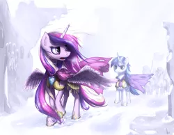 Size: 1500x1166 | Tagged: safe, artist:hieronymuswhite, derpibooru import, princess cadance, shining armor, alicorn, pony, unicorn, armor, army, frown, guards, looking back, open mouth, royal guard, ruins, snorting, snow, snowfall, spread wings