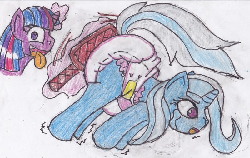 Size: 1280x809 | Tagged: questionable, artist:cuddlelamb, derpibooru import, trixie, twilight sparkle, pony, unicorn, crazy face, crying, diaper, diaper fetish, faic, female, mare, paddle, poofy diaper, raised tail, spanking, traditional art, trixiebuse