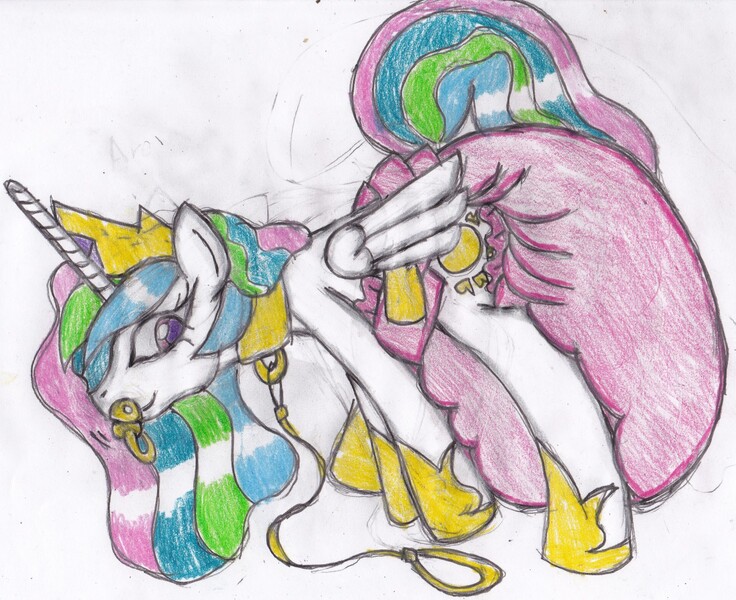 Size: 1280x1043 | Tagged: adult foal, artist:cuddlelamb, collar, diaper, diaper fetish, female, impossibly large diaper, leash, pacifier, poofy diaper, princess celestia, questionable, smiling, solo, solo female, traditional art