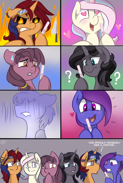 Size: 1500x2232 | Tagged: safe, artist:meggchan, derpibooru import, oc, oc:electric spark, oc:pop candy, oc:purple skies, oc:star burst, oc:sweet voltage, oc:tricky, unofficial characters only, pony, unicorn, :o, angry, blushing, comic, confused, earring, elecstar, electricky, fear, floppy ears, frown, goggles, gritted teeth, heart, heart eyes, hoof hold, implied incest, implied testicular cancer, open mouth, piercing, popspark, pregnancy test, question mark, shocked, smiling, wingding eyes