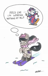 Size: 1397x2185 | Tagged: safe, artist:bobthedalek, derpibooru import, octavia melody, vinyl scratch, earth pony, pony, unicorn, backwards cutie mark, clothes, dj boot-3, hat, nothing at all, octavia is not amused, parody, plot, scarf, skiing, stupid sexy dj pon-3, stupid sexy flanders, stupid sexy vinyl, the simpsons, traditional art, unamused, we don't normally wear clothes